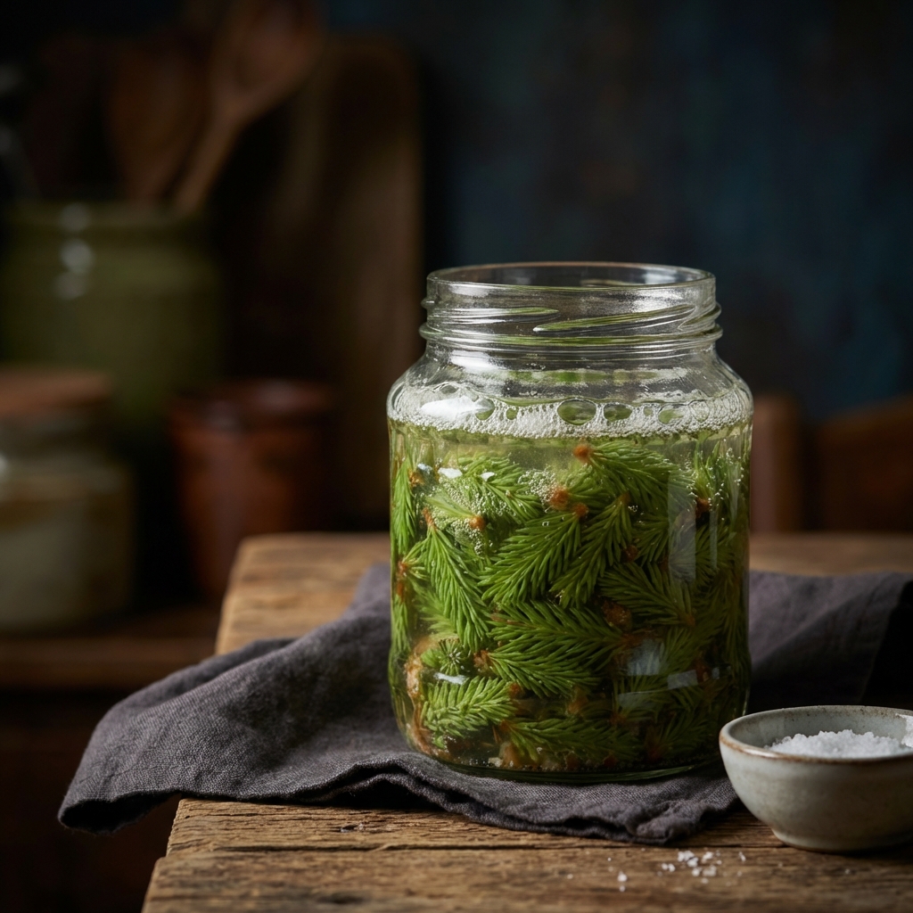 Jar of salted spruce tips